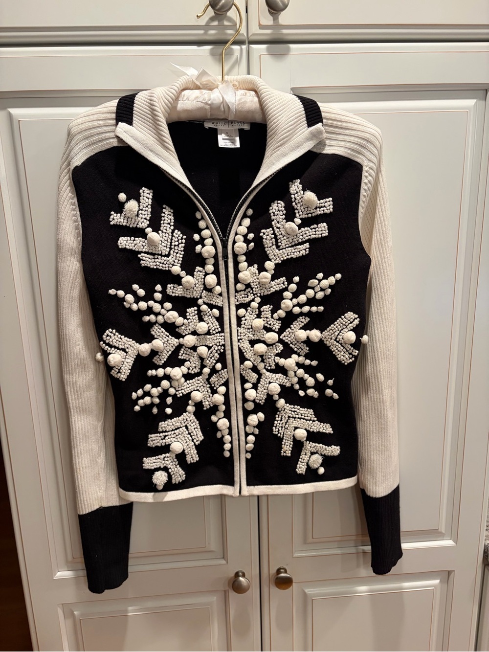 White House Black Market Black and White Beaded Zip Sweater